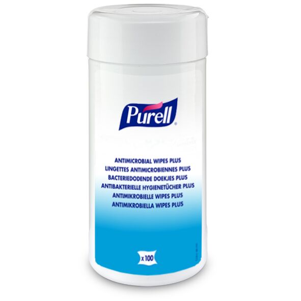 PURELL Antimicrobial Wipes Plus, 100 count canister (case of 12)